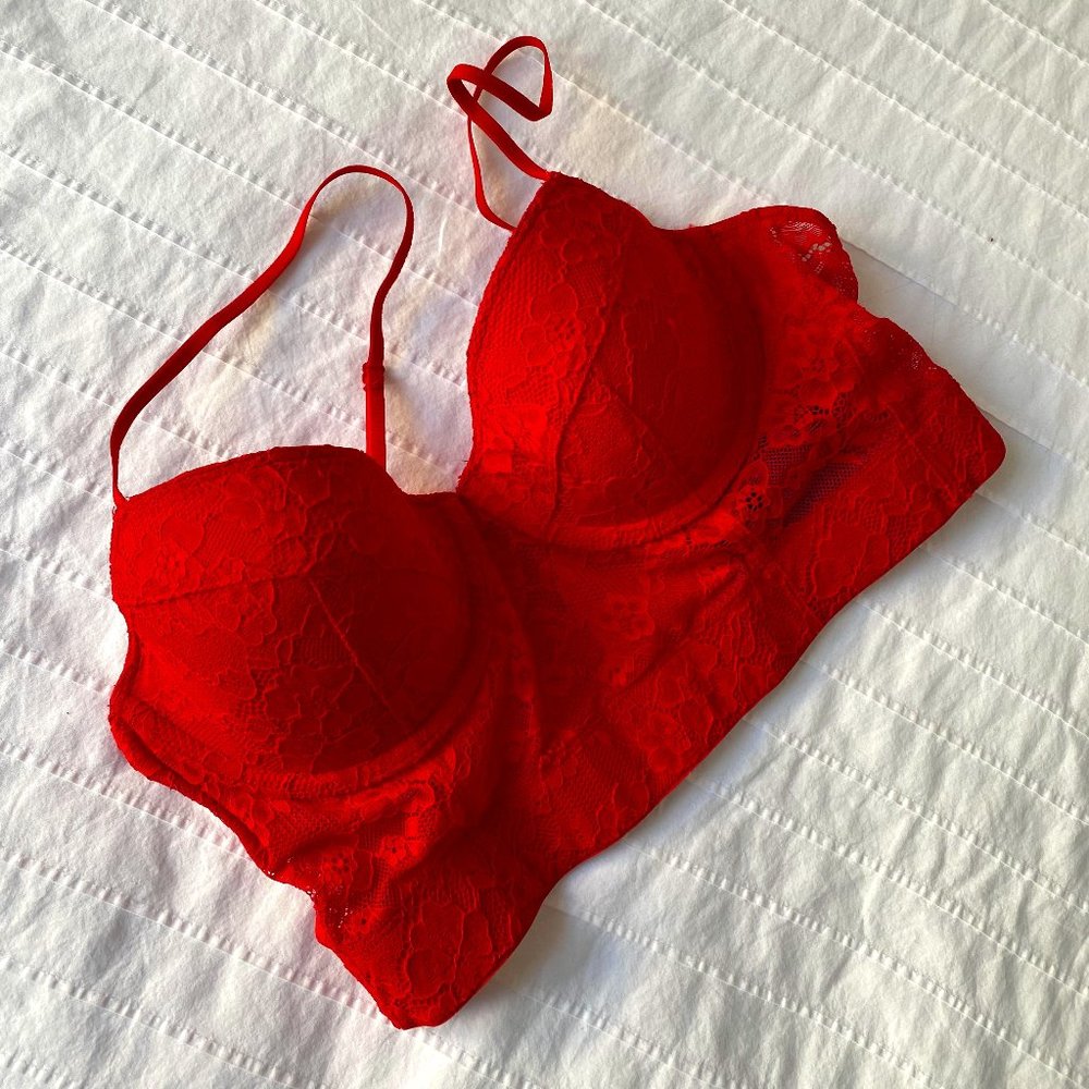 H&M | Padded red sheer lace bustier top